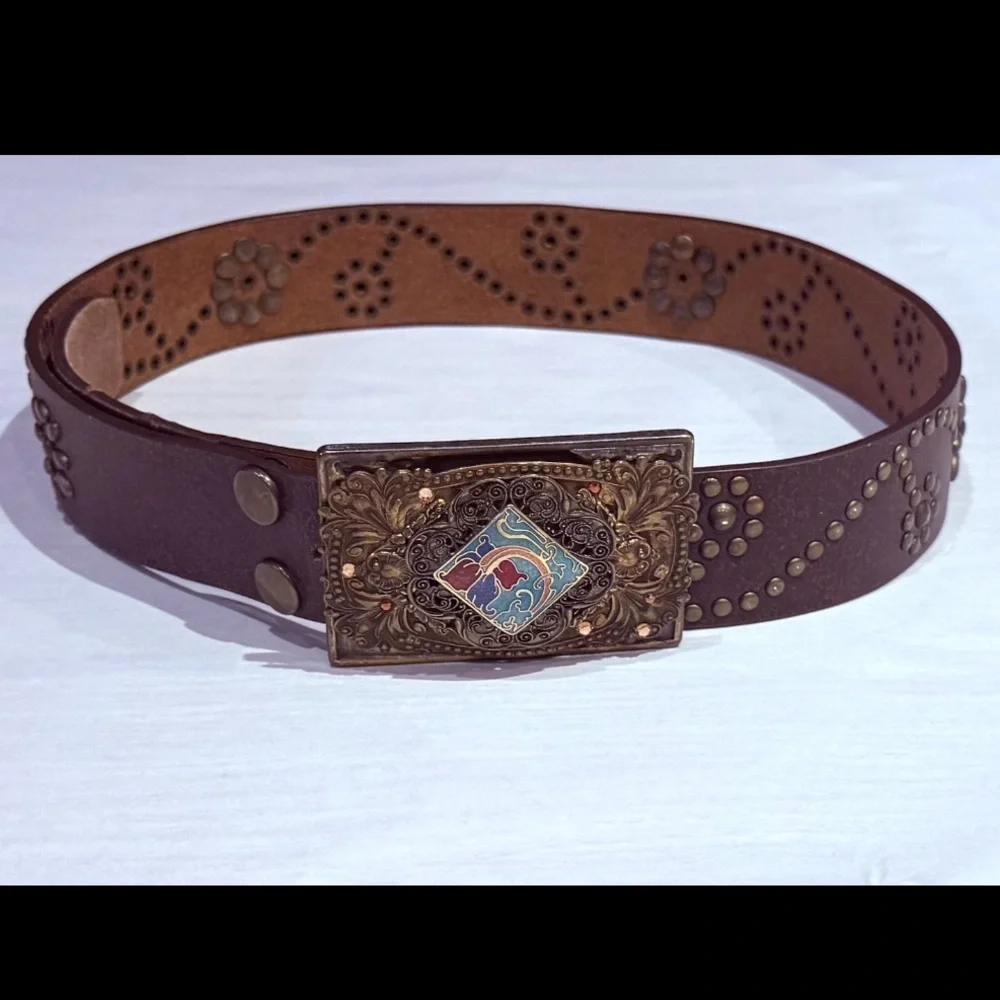 Floral Studded Brown Leather Belt w/Filigree Enamel Belt Buckle Small